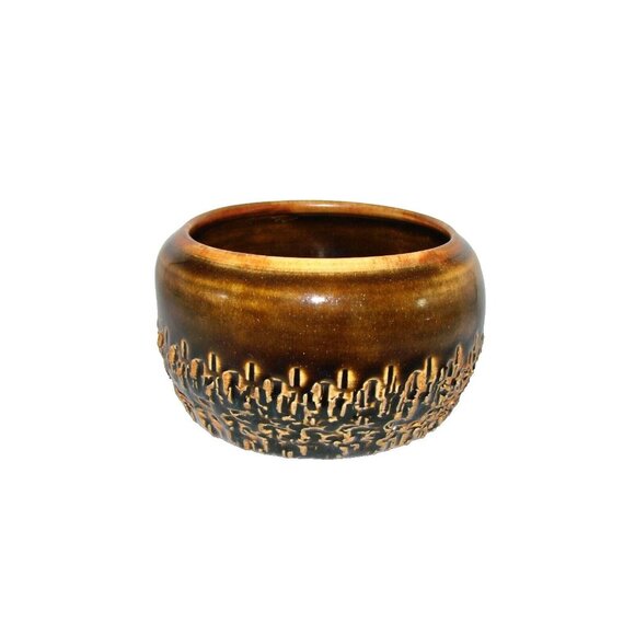 Handmade Artist Signed Pottery Bowl Planter Pot Jar Carved Cactus Decor Browns - Picture 3 of 12